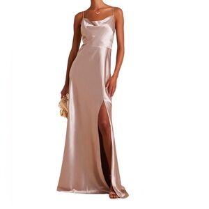 Birdy Gray Lisa Maxi Dress Satin Taupe Bridesmaid Prom Size S